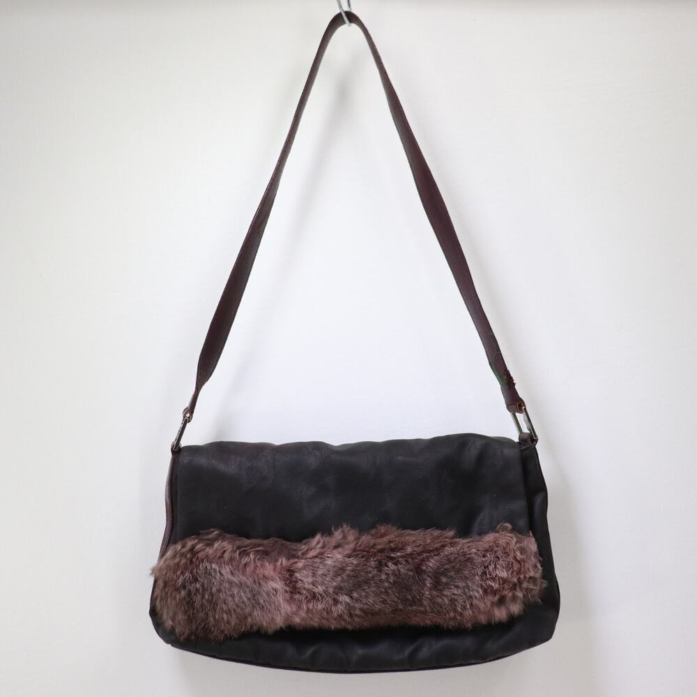 A. Testoni Shoulder Handbag Brown Leather Purple Fur Trim Signature Embossed Bag